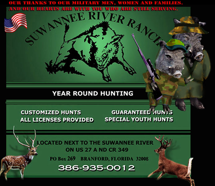 Florida trophy hunts for wild boar, whitetail and exotic deer and other exotic trophy animals at Suwannee 
River Ranch hunting preserve